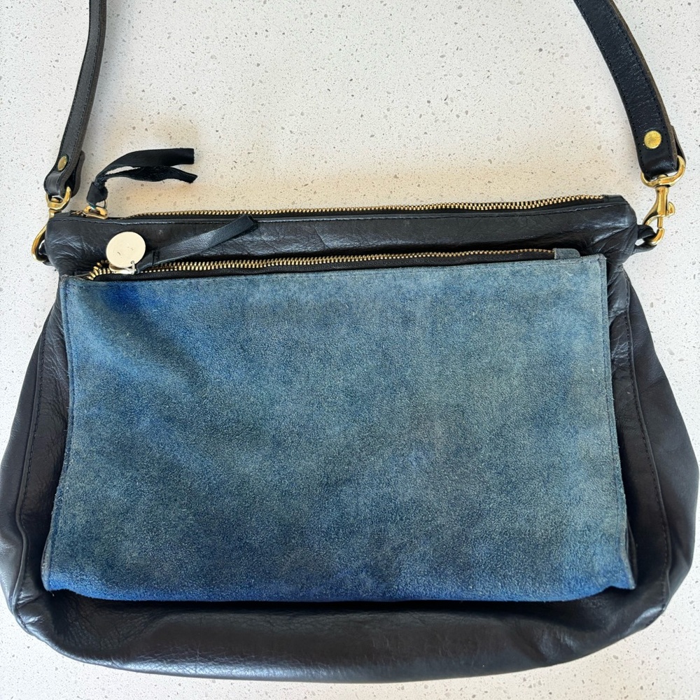 Clare V Blue Suede and Black Leather Shoulder Bag